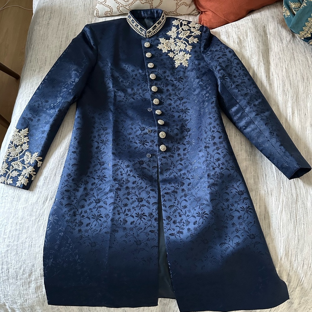 Navy Blue Gold Embroidered Men's Kurta Jacket